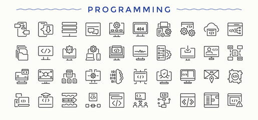 Set of Programming line icon. Included programming coding, program, software, app, development. Minimal linear icons. Website icon set. Pixel perfect. Vector illustration.