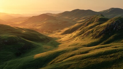 Serene Green Hills Under Golden Sunset Light with Gentle Rolling Landscape Creating a Peaceful Natural Scene for Relaxation and Reflection