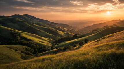 Serene Golden Hour Over Rolling Hills with Lush Greenery and Dramatic Sky in the Background Capturing Nature's Tranquility and Beauty
