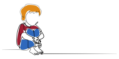 Minimalist line art of a child sad and sitting alone. Abstract line art of a child sad and feeling alone.