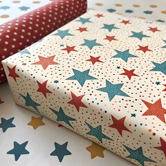 Obraz premium Bold Color Mix Stars & Dots Pattern on Gift Wrap. Repeating tiny stars and dots in a bold color mix over textured gift wrap surface—vibrant festive motif.