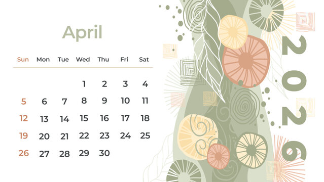 Beautifully hand-drawn April 2026 calendar