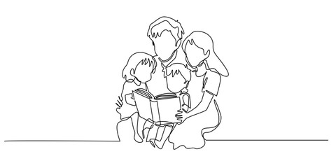 Continuous line drawing of a family reading a book together. One line art showing parents and children sitting closely, symbolizing love, learning, and togetherness.