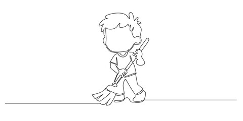 Continuous line drawing of a child sweeping the floor. Simple one line art illustration showing a kid holding a broom while cleaning, symbolizing responsibility, discipline, and cleanliness.