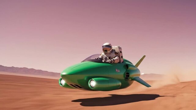 Retro-Futuristic Space Explorer: Astronaut drives a sleek green hovercraft across the dusty red desert landscape under a pink sky.