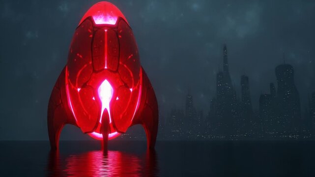 Glowing red alien spaceship hovering over water at night