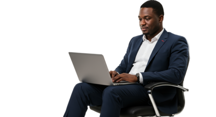 Man In Blue Suit Working On Laptop Isolated On Black