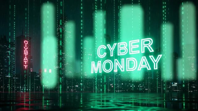 Cyber monday neon sign glowing in a futuristic city at night