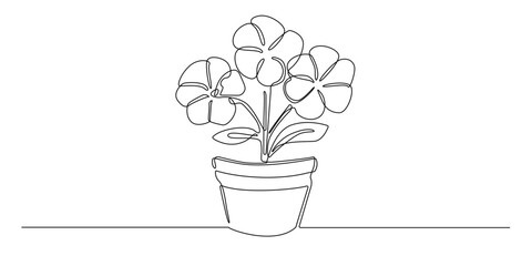 Continuous line drawing of a potted flower plant with blooming petals and leaves.
Simple one line art illustration of a flower pot representing growth, nature, and beauty in minimal style.