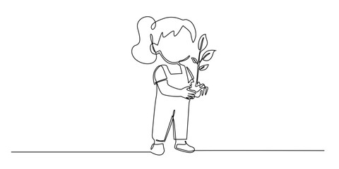 Continuous line drawing of a little girl holding a small plant.
Simple one line art child nurturing a growing seedling, symbolizing care for nature, growth, and environmental awareness.