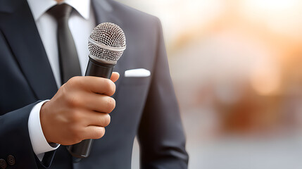 A man in a suit holding a microphone ready to speak