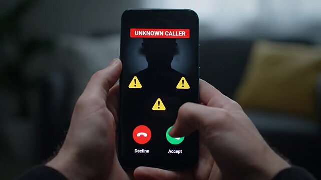 Unknown Caller on Mobile Phone Screen with Alert Icons Stock Footage