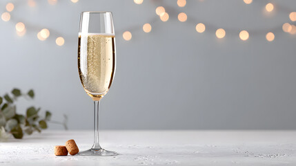 a elegant Champagne flute filled with bubbly and a blurred background of festive lights