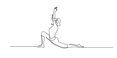 Continuous line drawing of a woman doing yoga pose.one line art illustration a woman stretching in a low lunge position with arms raised, symbolizing balance, mindfulness, flexibility, and inner peace