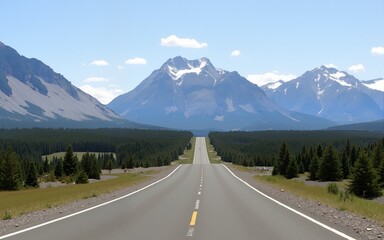 Open Road to Majestic Mountains: A Scenic Drive Awaits. High quality