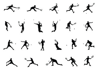Set of silhouettes of tennis players in different poses. Tennis athlete. Outdoor sports. Vector illustration.