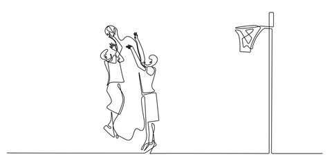 Continuous line drawing of basketball players jumping to score near the hoop. One line art illustration showing teamwork, competition, and athletic energy in the game.
