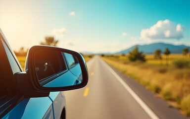 view side mirror of car summer roadtrip concept background. High quality