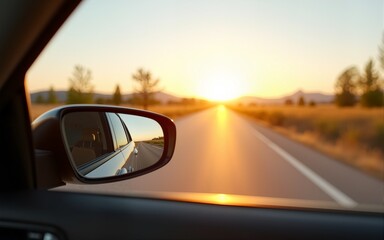 view side mirror of car summer roadtrip concept background. High quality