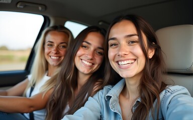 Friends on a roadtrip together taking a selfie. High quality