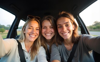 Friends on a roadtrip together taking a selfie. High quality