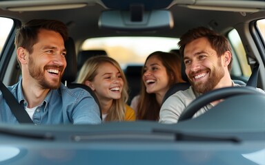 Cheerful family in a car on a road trip. High quality