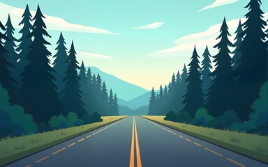 roadtrip adventure staight road and forest landscape vector illustration EPS10. High quality