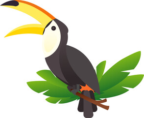 Toucan with large yellow beak on branch suitable for tropical themes, exotic designs, and childrens illustrations.