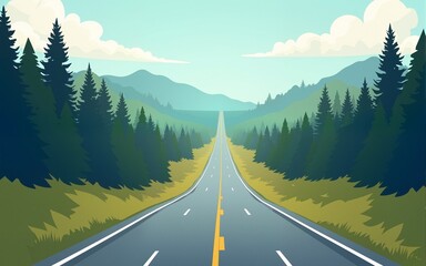 roadtrip adventure staight road and forest landscape vector illustration EPS10. High quality