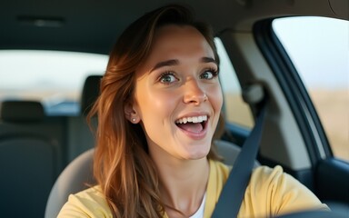 Woman making funny face on a road trip. High quality