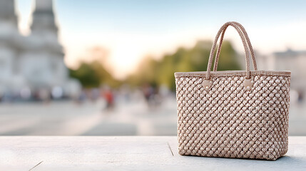 a stylish woven tote bag stands gracefully on a ledge with a blurred cityscape in the background, a sunny day provides a beautiful backdrop