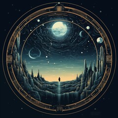 Enchanting fantasy landscape painting of a fairytale castle nestled in a lush valley with waterfalls, forests, and majestic mountains under a colossal, glowing moon