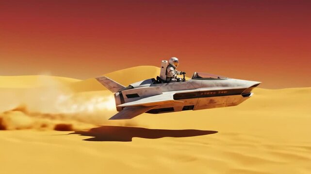 Sci-Fi Exploration: Astronaut Speeder Racing Across Arid Desert Landscape