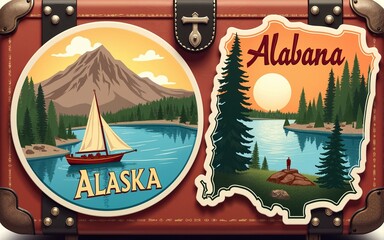 Alaska, Alabama travel stickers with scenic attractions and retro text on vintage suitcase background. High quality
