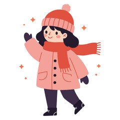 Cute girl walking in winter coat and scarf flat vector illustration