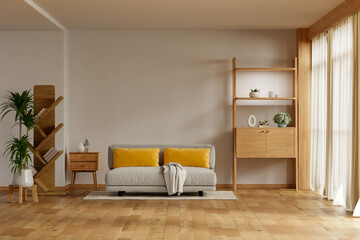 A stylish and minimal Scandinavian-style living room interior with an empty beige wall mockup- 3D rendering