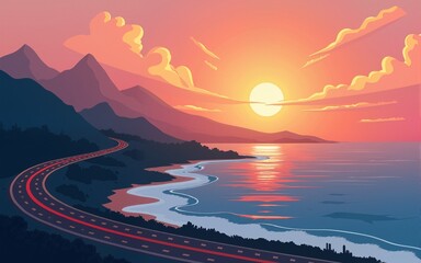 sea road sunset. adventure travel Hills, big water and the city. Vector flat illustration. High quality