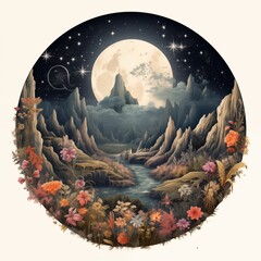Enchanting fantasy landscape painting of a fairytale castle nestled in a lush valley with waterfalls, forests, and majestic mountains under a colossal, glowing moon