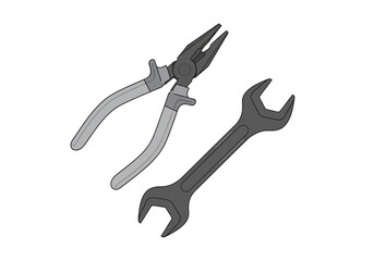 Pliers and a wrench are drawn on a white background
