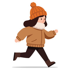 Winter girl running wearing knit hat and warm jacket