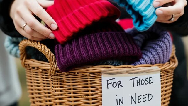 Basket overflowing with warm knitted hats for donation