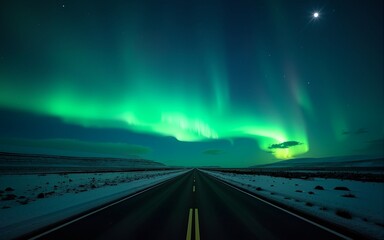Aurora borealis over road and moon, road trip Iceland. High quality