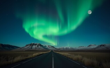 Aurora borealis over road and moon, road trip Iceland. High quality