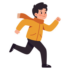 Young boy running wearing a winter jacket and scarf happy kid