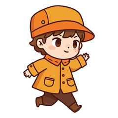 Cute cartoon boy running in raincoat and hat vector illustration