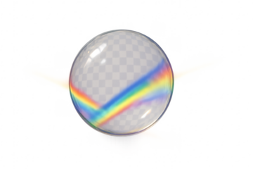 Glass sphere showing rainbow light refraction on transparent background
