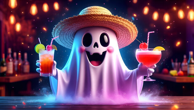 A funny ghost in a straw hat is having fun at a bar at a Halloween party, night adventure, white shroud,fountain at night