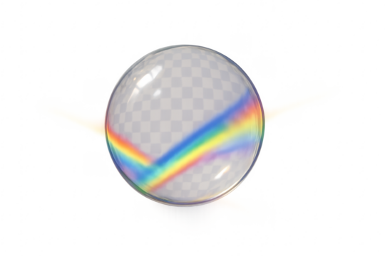 Glass sphere showing rainbow light refraction on transparent background