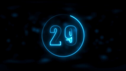 Blue Neon Number 29 Inside a Circle on a Dark Bokeh Background twenty nine numeral