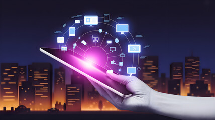 Obraz premium Digital Transformation and Connectivity Tablet Displaying a Network of Technology Icons in a Futuristic Cityscape at Night